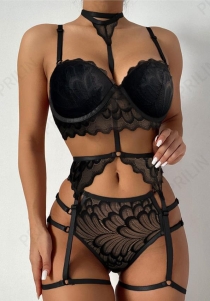 Three-point sexy women's black lace erotic lingerie set