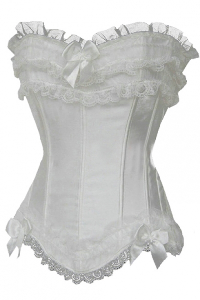Confection White Satin Corset With Generous Ruched Lace and Tulle Trim ...