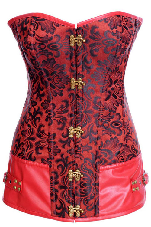 Steampunk Red Corset Dress With Black Floral Pattern, Faux-Leather ...