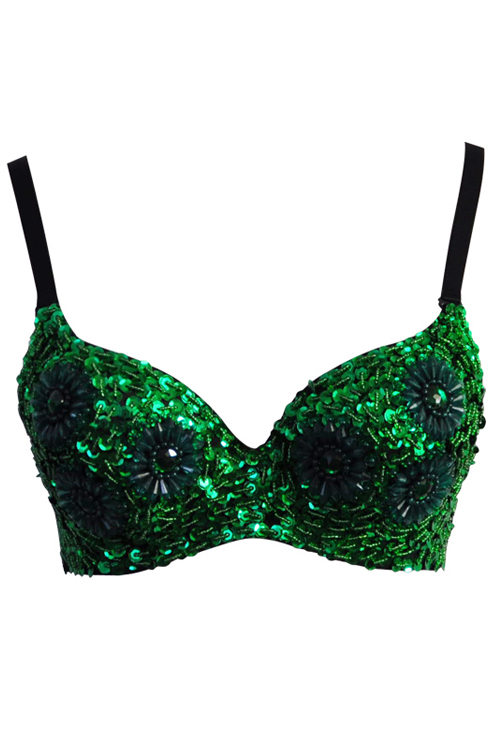 Green Sequin Bra With Beaded Flower, Green Gemstones, Black Trim and ...