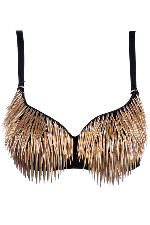 Shining Star Gold Drop-Spike Style Metal Fringe on Black Bra With Two ...
