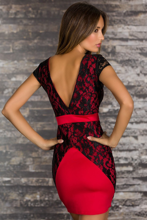 Elegant Sheath Style Red Club Dress with Lacy Overlay