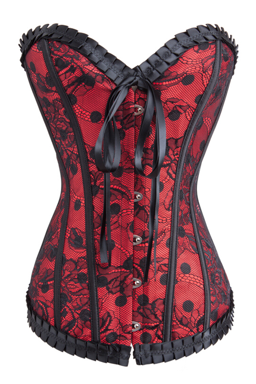 Alluringly Fabulous Ruffled Blood Red Corset with Black Lace Overlay
