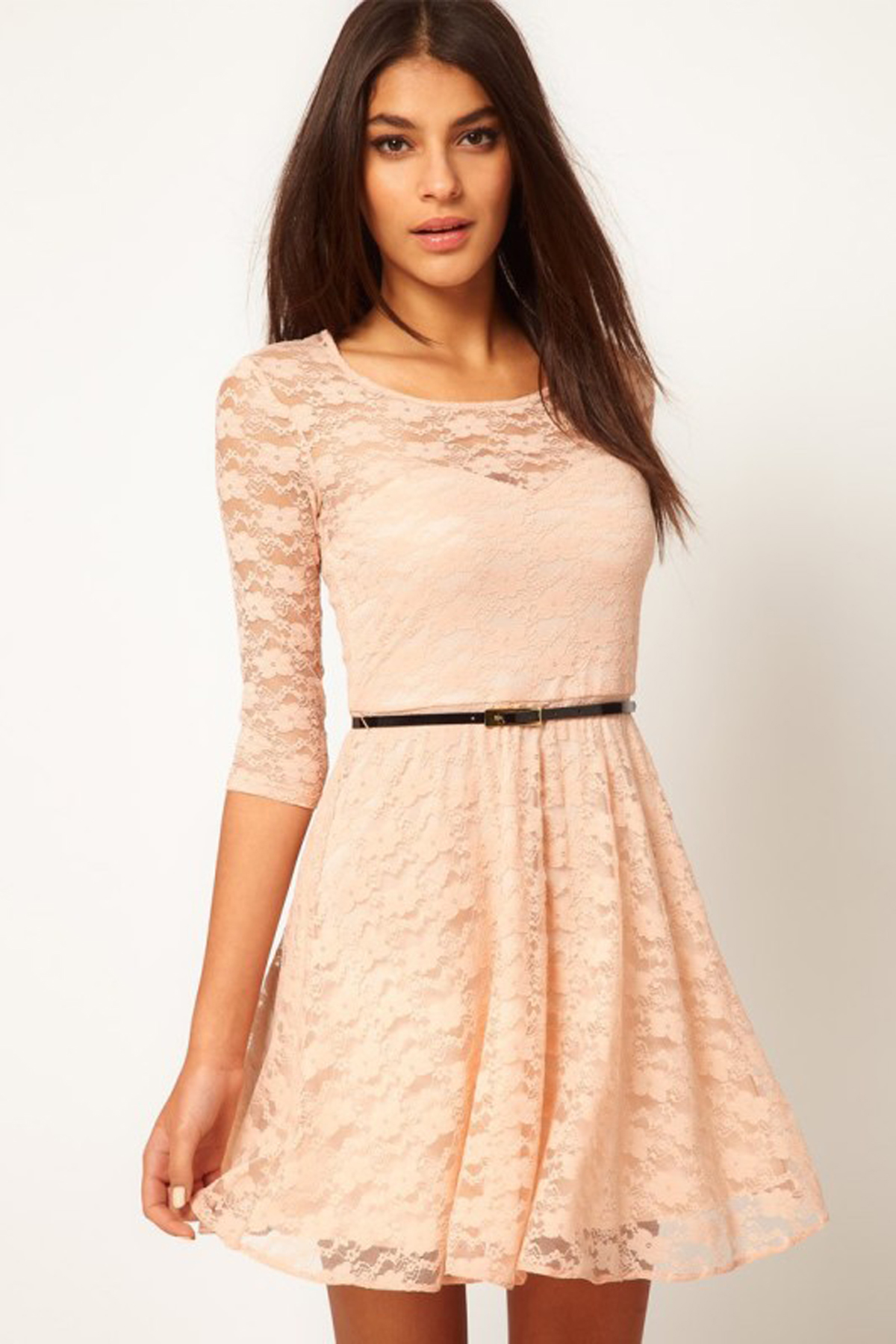 Sexy Peach Colored Mini Dress With 3 4 Sleeves And Lace Overlay