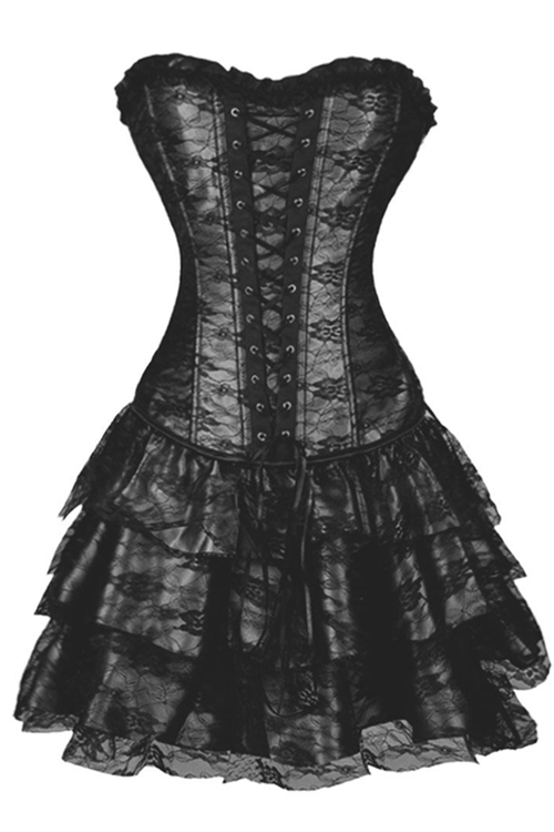 Gorgeous Black Waist Training Corset Dress With Floral Lace Overlay and ...