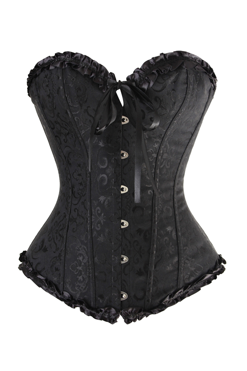 Black Victorian Corset of Floral Brocade With Ruffle Ribbon Trim ...