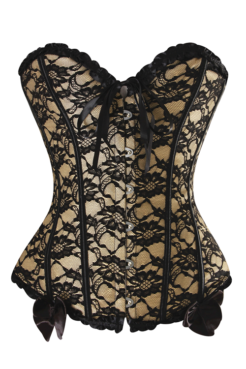 Beige Corset With Black Floral Lace Overlay and Black Ruched Trim, Bow ...