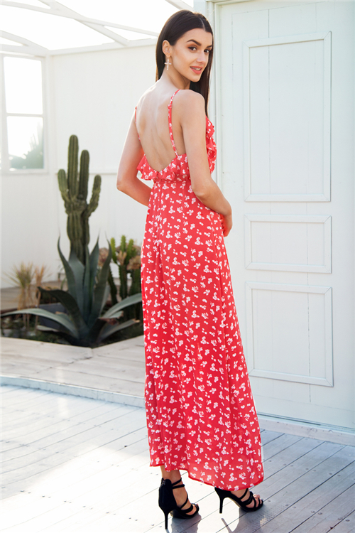V neck ruffle floral print summer dress women Backless strap boho dress ...