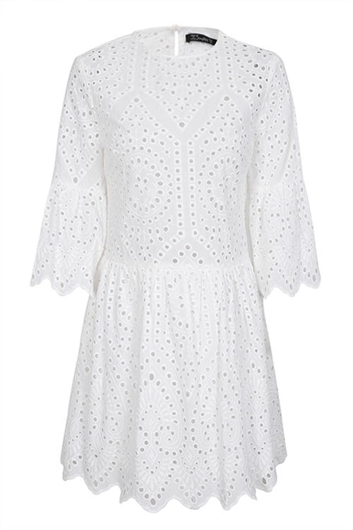 Cotton lace embroidery mini dress women Button ruffle sleeve causal ...