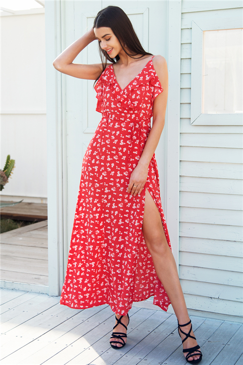 V neck ruffle floral print summer dress women Backless strap boho dress ...